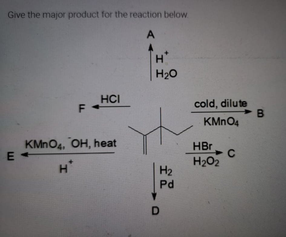 Give the major product for the reaction below.
H
H20
HCI
cold, dilute
B
KMNO4
KMNO4, OH, heat
HBr
C
H2O2
H
H2
Pd
