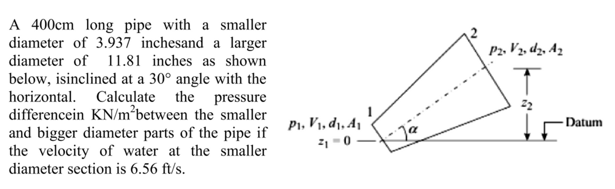 A 400cm long pipe with a smaller
diameter of 3.937 inchesand a larger
diameter of 11.81 inches as shown
below, isinclined at a 30° angle with the
horizontal. Calculate the pressure
differencein KN/m²between the smaller
and bigger diameter parts of the pipe if
the velocity of water at the smaller
diameter section is 6.56 ft/s.
P1, V₁, d₁, A₁
²1-0
P2, V₂, d₂, A₂
↑
Z2
Datum