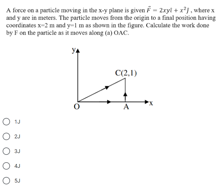 A force on a particle moving in the x-y plane is given F = 2xyî + x²j , where x
and y are in meters. The particle moves from the origin to a final position having
coordinates x=2 m and y=1 m as shown in the figure. Calculate the work done
by F on the particle as it moves along (a) OAC.
YA
C(2,1)
A
O 1J
2J
3J
4J
5J

