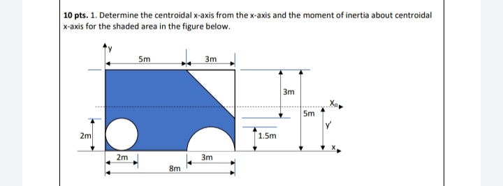| 10 pts. 1. Determine the centroidal x-axis from the x-axis and the moment of inertia about centroidal
x-axis for the shaded area in the figure below.
5m
3m
3m
5m
2m
1.5m
2m
3m
8m
