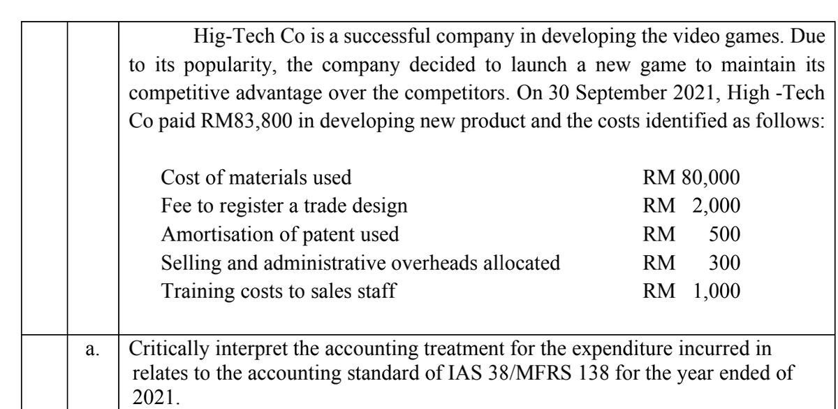 Hig-Tech Co is a successful company in developing the video games. Due
to its popularity, the company decided to launch a new game to maintain its
competitive advantage over the competitors. On 30 September 2021, High -Tech
Co paid RM83,800 in developing new product and the costs identified as follows:
Cost of materials used
RM 80,000
RM 2,000
Fee to register a trade design
Amortisation of patent used
RM
500
Selling and administrative overheads allocated
Training costs to sales staff
RM
300
RM 1,000
Critically interpret the accounting treatment for the expenditure incurred in
relates to the accounting standard of IAS 38/MFRS 138 for the year ended of
2021.
а.
