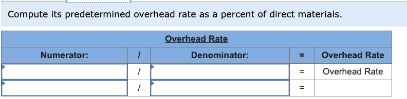 Compute its predetermined overhead rate as a percent of direct materials.
Numerator:
I
1
1
Overhead Rate
Denominator:
II
=
Overhead Rate
Overhead Rate