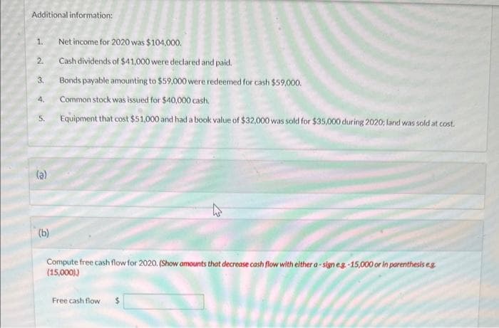 Additional information:
1.
2.
3.
4.
5.
(a)
(b)
Net income for 2020 was $104,000.
Cash dividends of $41,000 were declared and paid.
Bonds payable amounting to $59,000 were redeemed for cash $59,000.
Common stock was issued for $40,000 cash.
Equipment that cost $51,000 and had a book value of $32,000 was sold for $35,000 during 2020; land was sold at cost.
Compute free cash flow for 2020. (Show amounts that decrease cash flow with either a-sign e.g.-15,000 or in parenthesis e.g.
(15,000))
Free cash flow