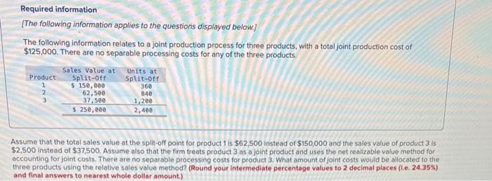 Required information
[The following information applies to the questions displayed below.]
The following information relates to a joint production process for three products, with a total joint production cost of
$125,000. There are no separable processing costs for any of the three products.
Product
1
2
Sales Value at Units at
Split-Off
$150,000
62,500
37,500
$ 250,000
Split-Off
360
840
1,200
2,400
Assume that the total sales value at the split-off point for product 1 is $62,500 instead of $150,000 and the sales value of product 3 is
$2,500 instead of $37,500. Assume also that the firm treats product 3 as a joint product and uses the net realizable value method for
accounting for joint costs. There are no separable processing costs for product 3. What amount of joint costs would be allocated to the
three products using the relative sales value method? (Round your intermediate percentage values to 2 decimal places (.e. 24.35%)
and final answers to nearest whole dollar amount.)