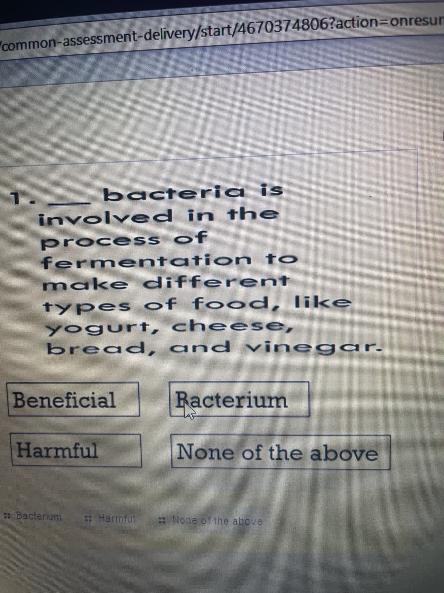 common-assessment-delivery/start/4670374806?action3Donresum
bacteria is
1._
involved in the
proces s of
fermentation to
make different
types of food, like
yogurt, cheese,
bread, and vinegar.
Beneficial
Racterium
Harmful
None of the above
: Bacterium
: Harmful
: None of the above
