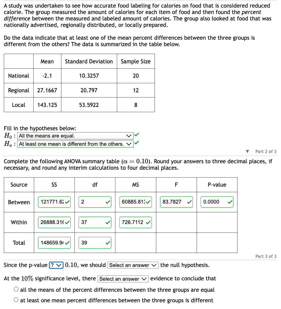 A study was undertaken to see how accurate food labeling for calories on food that is considered reduced
calorie. The group measured the amount of calories for each item of food and then found the percent
difference between the measured and labeled amount of calories. The group also looked at food that was
nationally advertised, regionally distributed, or locally prepared.
Do the data indicate that at least one of the mean percent differences between the three groups is
different from the others? The data is summarized in the table below.
National
Local
Regional 27.1667
Source
Mean Standard Deviation
Between
-2.1
Within
Total
143.125
Fill in the hypotheses below:
Ho All the means are equal.
Ha: At least one mean is different from the others.
10.3257
SS
20.797
121771.62✓
53.5922
Part 2 of 3
Complete the following ANOVA summary table (a = 0.10). Round your answers to three decimal places, if
necessary, and round any interim calculations to four decimal places.
2
26888.316✓✔ 37
Sample Size
148659.94✓✔ 39
df
20
12
8
MS
F
60885.813✔ 83.7827
726.7112 ✓
P-value
0.0000
Since the p-value ? 0.10, we should Select an answer the null hypothesis.
At the 10% significance level, there Select an answer evidence to conclude that
O all the means of the percent differences between the three groups are equal
O at least one mean percent differences between the three groups is different
Part 3 of 3