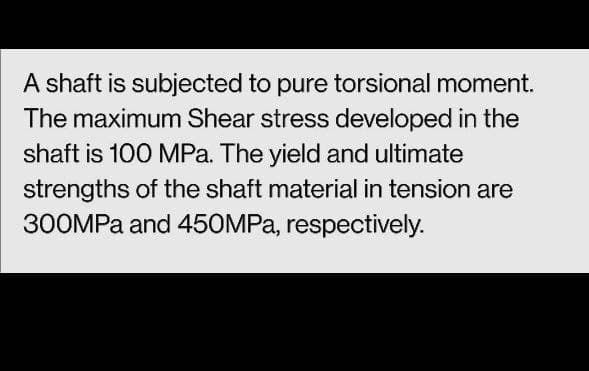 A shaft is subjected to pure torsional moment.
The maximum Shear stress developed in the
shaft is 100 MPa. The yield and ultimate
strengths of the shaft material in tension are
300MPA and 450MPA, respectively.
