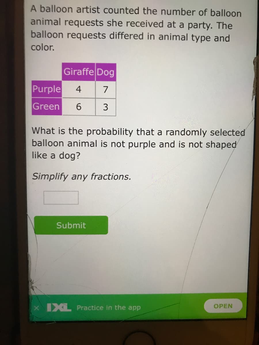 A balloon artist counted the number of balloon
animal requests she received at a party. The
balloon requests differed in animal type and
color.
Giraffe Dog
Purple
4
7
Green
6
3
What is the probability that a randomly selected
balloon animal is not purple and is not shaped
like a dog?
Simplify any fractions.
Submit
IXL Practice in the app
OPEN
