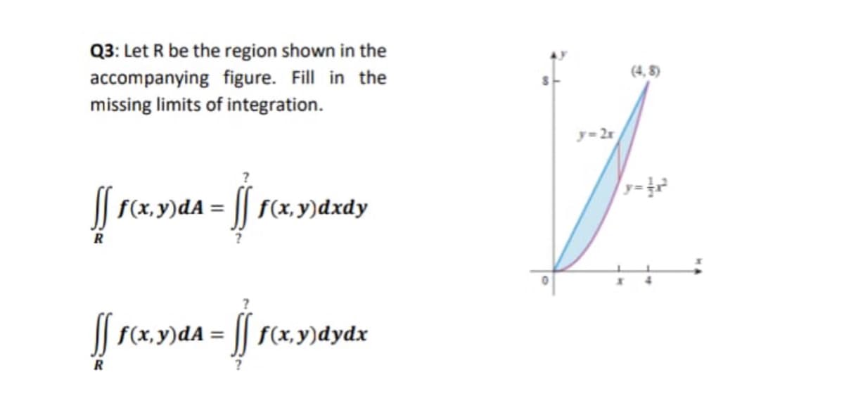 Q3: Let R be the region shown in the
(4, 8)
accompanying figure. Fill in the
missing limits of integration.
y= 2x
y=
|| f(x, y)dA = || f(x, y)dxdy
|| f(x,y)dA = || f(x,y)dydx
