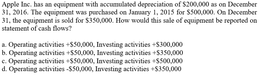 Apple Inc. has an equipment with accumulated depreciation of $200,000 as on December
31, 2016. The equipment was purchased on January 1, 2015 for $500,000. On December
31, the equipment is sold for $350,000. How would this sale of equipment be reported on
statement of cash flows?
a. Operating activities +$50,000, Investing activities +$300,000
b. Operating activities +$50,000, Investing activities +$350,000
c. Operating activities +$50,000, Investing activities +$500,000
d. Operating activities -$50,000, Investing activities +$350,000
