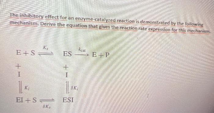 The inhibitory effect for an enzyme-catalyzed reaction is demonstrated by the following
mechanism. Derive the equation that gives the reaction rate expression for this mechanism.
kcat
ES E+P
Ks
E+S =
d+3 +
Ki
El +S ESI
8K,
