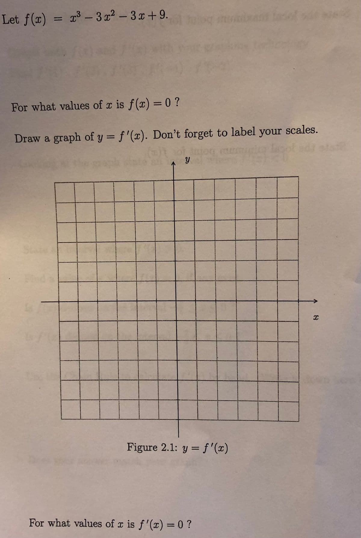 Let f(x) = x³ - 3 x2 -3x+9.
g al se
For what values of r is f(x) = 0 ?
%3D
Draw a graph of y = f'(x). Don't forget to label your scales.
ata
%3D
Figure 2.1: y = f'(x)
For what values of x is f'(x) = 0 ?
%3D
