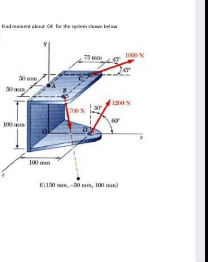 Find moment about OE for the system shown below
75 mm
1000 N
50 mm
50 mm
1200 N
!30
700 N
60
100 mm
100 mm
E(150 mm, -50 mm, 100 mm)
