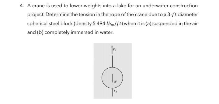 4. A crane is used to lower weights into a lake for an underwater construction
project. Determine the tension in the rope of the crane due to a 3-ft diameter
spherical steel block (density 5 494 lbm/ft)when it is (a) suspended in the air
and (b) completely immersed in water.
Fa
