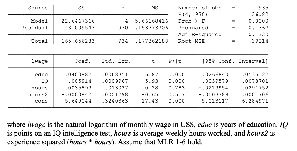 Source
SS
df
MS
Number of obs
935
=
F (4, 930)
36.82
Model
22.6467366
4
5.66168416
Prob > F
0.0000
Residual
143.009547
930
.153773706
R-squared
Adj R-squared
Root MSE
0.1367
0.1330
Total
165.656283
934
.177362188
.39214
lwage
Coef.
Std. Err.
P>|t|
[95% Conf. Interval]
educ
.0400982
.0068351
5.87
0.000
.0266843
.0535122
IQ
.005914
.0009967
5.93
0.000
.0039579
.0078701
hours
.0035899
.013037
0.28
0.783
-.0219954
.0291752
hours2
-.0000842
.0001298
-0.65
0.517
-.0003389
.0001706
cons
5.649044
.3240363
17.43
0.000
5.013117
6.284971
where Iwage is the natural logarithm of monthly wage in US$, educ is years of education, IQ
is points on an IQ intelligence test, hours is average weekly hours worked, and hours2 is
experience squared (hours * hours). Assume that MLR 1-6 hold.
