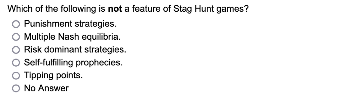 Which of the following is not a feature of Stag Hunt games?
Punishment strategies.
Multiple Nash equilibria.
Risk dominant strategies.
Self-fulfilling prophecies.
Tipping points.
No Answer