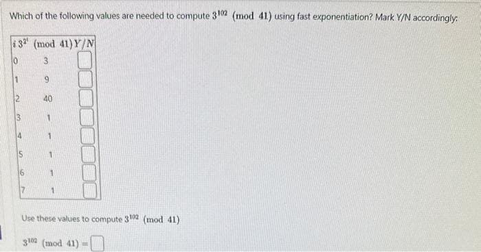 Which of the following values are needed to compute 3102 (mod 41) using fast exponentiation? Mark Y/N accordingly:
32¹ (mod 41) Y/N
10
3
w
GY
17
9
40
1
1
Use these values to compute 3102 (mod 41)
3102 (mod 41)=