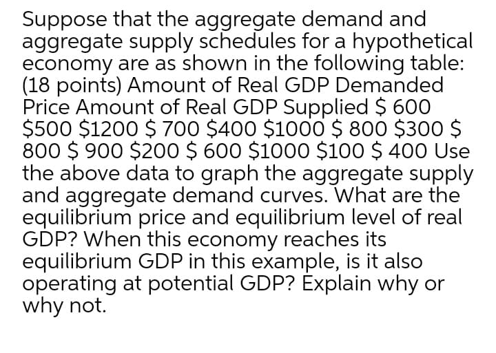 Suppose that the aggregate demand and
aggregate supply schedules for a hypothetical
economy are as shown in the following table:
(18 points) Amount of Real GDP Demanded
Price Amount of Real GDP Supplied $ 600
$500 $1200 $ 700 $400 $100O $ 800 $300 $
800 $ 900 $200 $ 600 $1000 $100 $ 400 Use
the above data to graph the aggregate supply
and aggregate demand curves. What are the
equilibrium price and equilibrium level of real
GDP? When this economy reaches its
equilibrium GDP in this example, is it also
operating at potential GDP? Explain why or
why not.
