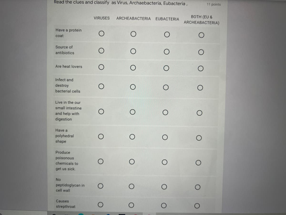 Read the clues and classify as Virus, Archaebacteria, Eubacteria,
VIRUSES ARCHEABACTERIA
EUBACTERIA
Have a protein
coat
Source of
antibiotics
Are heat lovers
Infect and
destroy
bacterial cells
Live in the our
small intestine
and help with
digestion
Have a
polyhedral
shape
Produce
poisonous
chemicals to
get us sick.
No
peptidoglycan in
cell wall
Causes
strepthroat
O
о о о
O
11 points
BOTH (EU &
ARCHEABACTERIA)
O
O
O
O
O