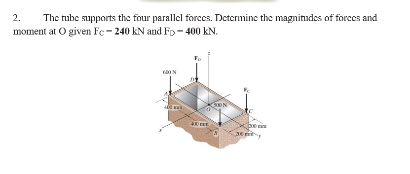 2.
The tube supports the four parallel forces. Determine the magnitudes of forces and
moment at O given Fc= 240 kN and FD = 400 kN.
600 N
500 N
400 mm
400 mm
200 mm
200 mn
