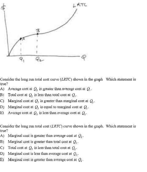LKTC
Consider the long run total cost curve (LRTC) shown in the graph Which statement is
true?
A) Average cost at Q, is greater than average cost at Q,.
B) Total cost at Q, is less than total cost at Q.-
C) Marginal cost at Q, is greater than marginal cost at Q,.
D) Marginal cost at Q, is cqual to marginal cost at Q,.
E) Average cost at Q, is less than average cost at Q.
Consider the long run total cost (LRTC) curve shown in the graph. Which statement is
true?
A) Marginal cost is greater than average cost at Q,.
B) Marginal çost is greater than total çost at 0,.
C) Total cost at Q, is less than total cost at Q..
D) Marginal cost is less than average cost at Q,.
E) Marginal cost is greater than average cost at Q.
to
