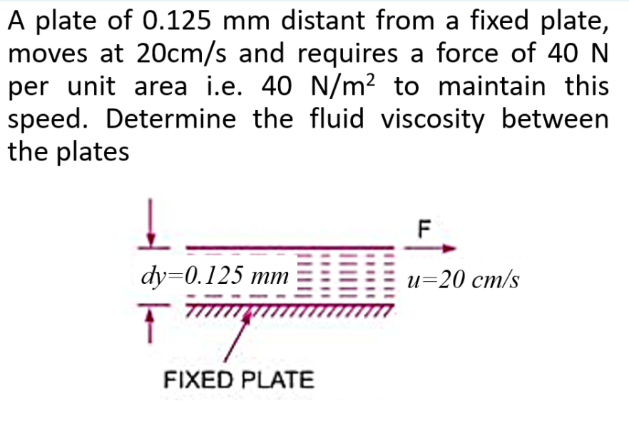 A plate of 0.125 mm distant from a fixed plate,
moves at 20cm/s and requires a force of 40 N
per unit area i.e. 40 N/m? to maintain this
speed. Determine the fluid viscosity between
the plates
F
dy=0.125 mm ==E
и-20 ст/s
FIXED PLATE
