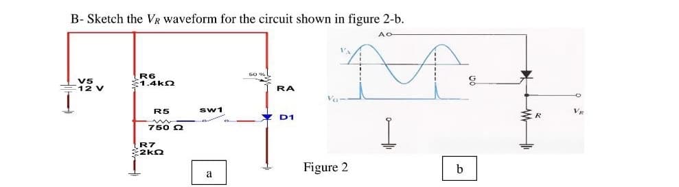 B- Sketch the VR waveform for the circuit shown in figure 2-b.
AO
M
50 %
V5
R6
1.4kQ
12 v
RA
R5
D1
750 Ω
b
I
R7
2kQ
Sw1
a
Figure 2
G
www
R
VE