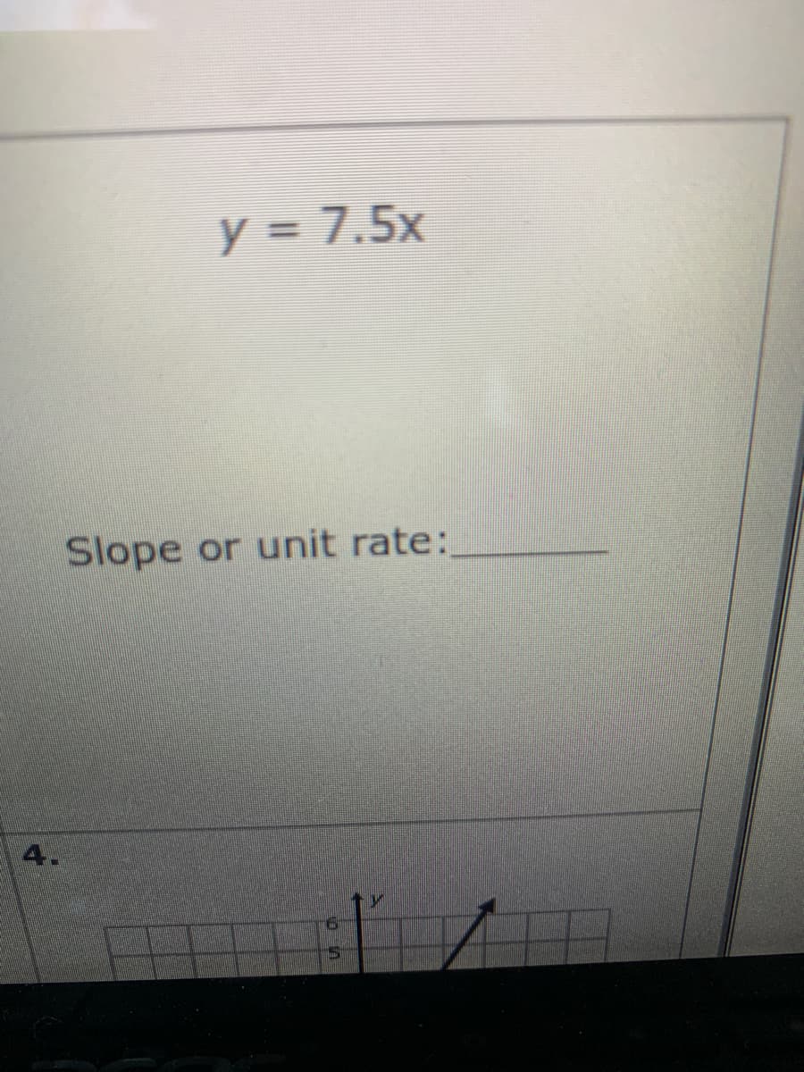 y = 7.5x
Slope or unit rate:
4.
