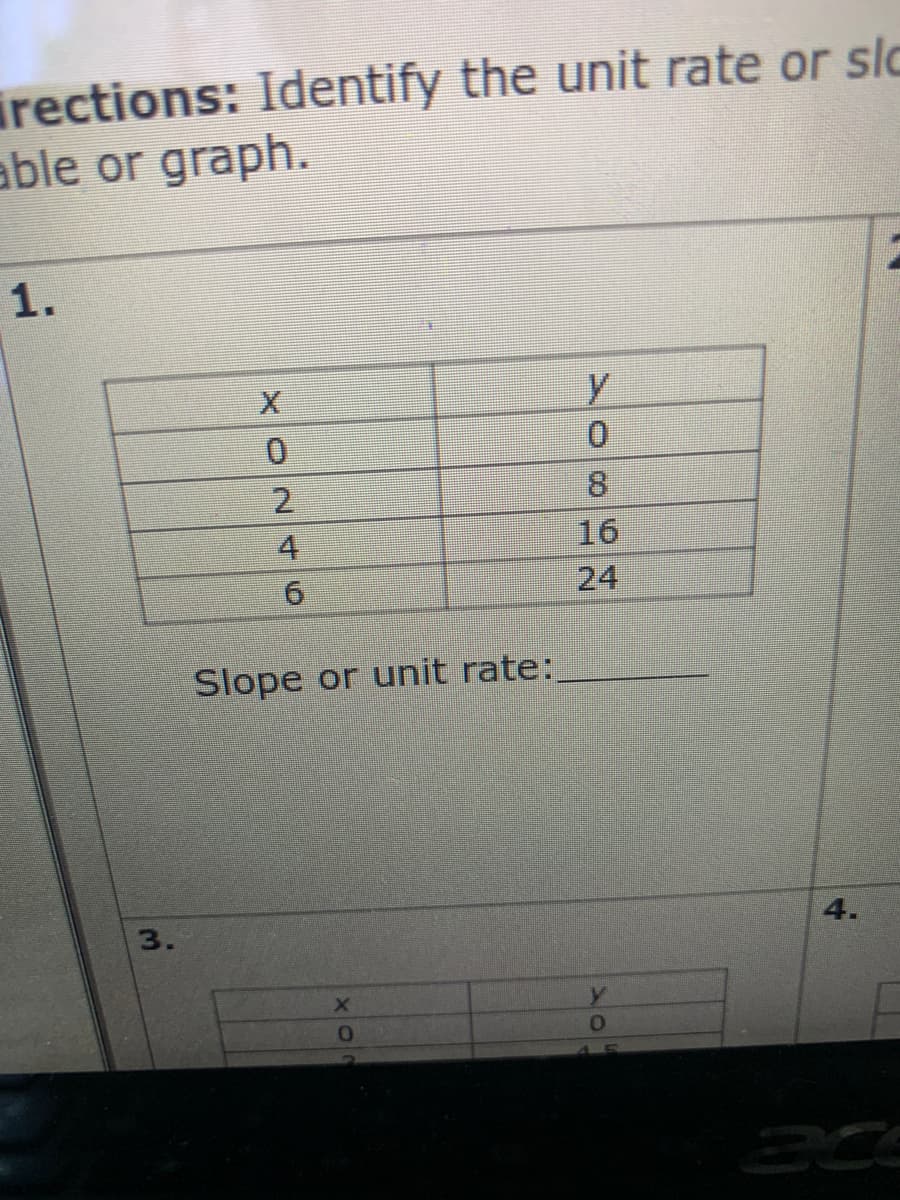 irections: Identify the unit rate or slc
able or graph.
1.
y
2.
8.
4
16
24
Slope or unit rate:
4.
3.
ace
