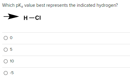 Which pk, value best represents the indicated hydrogen?
H-CI
00
05
O 10
O-5
