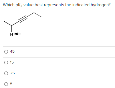 Which pka value best represents the indicated hydrogen?
H
O 45
O 15
O 25
0 5