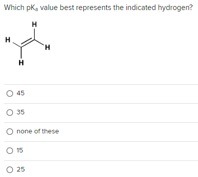 Which pka value best represents the indicated hydrogen?
H
myha
H
H
H
O 45
O 35
O none of these
O 15
O 25