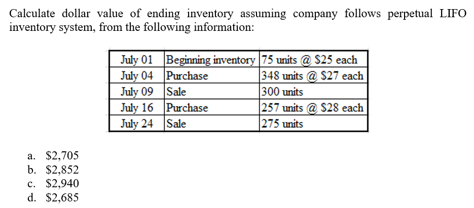 Calculate dollar value of ending inventory assuming company follows perpetual LIFO
inventory system, from the following information:
July 01 Beginning inventory 75 units @ $25 each
July 04 Purchase
July 09 Sale
July 16 Purchase
July 24 Sale
348 units @ $27 each
300 units
257 units @ $28 each
275 units
а. $2,705
b. $2,852
с. $2,940
d. $2,685
