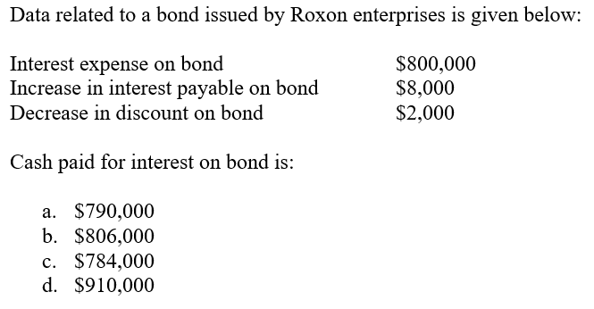 Data related to a bond issued by Roxon enterprises is given below:
Interest expense on bond
Increase in interest payable on bond
Decrease in discount on bond
$800,000
$8,000
$2,000
Cash paid for interest on bond is:
a. $790,000
b. $806,000
c. $784,000
d. $910,000
