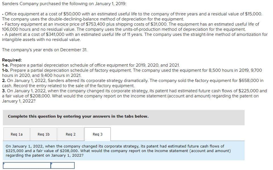 Sanders Company purchased the following on January 1, 2019:
• Office equipment at a cost of $50,000 with an estimated useful life to the company of three years and a residual value of $15,000.
The company uses the double-declining-balance method of depreciation for the equipment.
· Factory equipment at an invoice price of $753,400 plus shipping costs of $31,000. The equipment has an estimated useful life of
106,000 hours and no residual value. The company uses the units-of-production method of depreciation for the equipment.
· A patent at a cost of $341,000 with an estimated useful life of 11 years. The company uses the straight-line method of amortization for
intangible assets with no residual value.
The company's year ends on December 31.
Required:
1-a. Prepare a partial depreciation schedule of office equipment for 2019, 2020, and 2021.
1-b. Prepare a partial depreciation schedule of factory equipment. The company used the equipment for 8,500 hours in 2019, 9,700
hours in 2020, and 9,400 hours in 2021.
2. On January 1, 2022, Sanders altered its corporate strategy dramatically. The company sold the factory equipment for $658,000 in
cash. Record the entry related to the sale of the factory equipment.
3. On January 1, 2022, when the company changed its corporate strategy, its patent had estimated future cash flows of $225,000 and
a fair value of $208,000. What would the company report on the income statement (account and amount) regarding the patent on
January 1, 2022?
Complete this question by entering your answers in the tabs below.
Req la
Reg 1b
Reg 2
Req 3
On January 1, 2022, when the company changed its corporate strategy, its patent had estimated future cash flows of
$225,000 and a fair value of $208,000. What would the company report on the income statement (account and amount)
regarding the patent on January 1, 2022?
