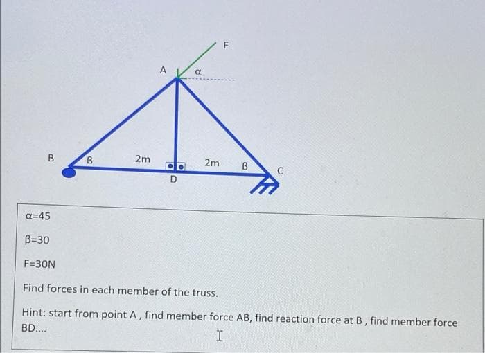 A
B
2m
2m
B
C
a=45
B=30
F=30N
Find forces in each member of the truss.
Hint: start from point A, find member force AB, find reaction force at B , find member force
BD....
