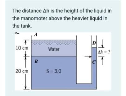 The distance Ah is the height of the liquid in
the manomoter above the heavier liquid in
the tank.
D
10 cm
Water
Ah = ?
B
C
20 cm
S= 3.0
