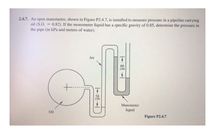2.4.7. An open manometer, shown in Figure P2.4.7, is installed to measure pressure in a pipeline carrying
oil (S.G.
0.82). If the monometer liquid has a specific gravity of 0.85, determine the pressure in
%3!
the pipe (in kPa and meters of water).
Air
66
cm
58
cm
Manometer
liquid
Oil
Figure P2.4.7
