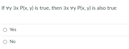 If vy 3x P(x, y) is true, then 3x Vy P(x, y) is also true
O Yes
O No
