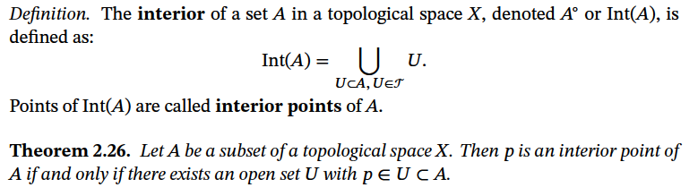 Theorem 2.26. Let A be a subset of a topological space X. Then p is an interior point of
A if and only if there exists an open set U with p EUCA.
