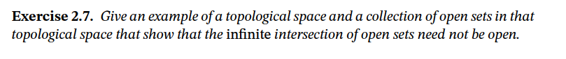 Exercise 2.7. Give an example of a topological space and a collection of open sets in that
topological space that show that the infinite intersection of open sets need not be open.
