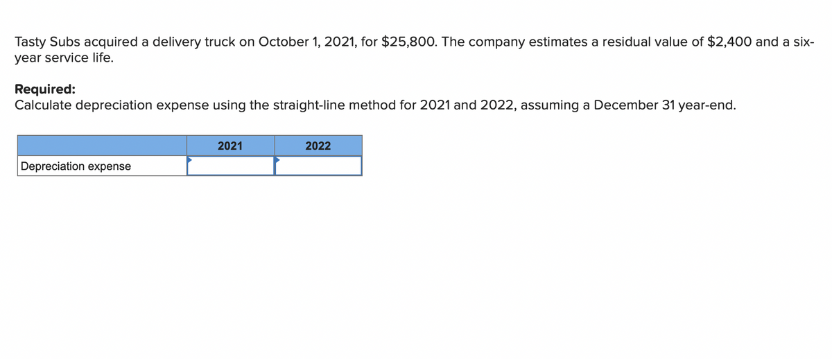 Tasty Subs acquired a delivery truck on October 1, 2021, for $25,800. The company estimates a residual value of $2,400 and a six-
year service life.
Required:
Calculate depreciation expense using the straight-line method for 2021 and 2022, assuming a December 31 year-end.
2021
2022
Depreciation expense
