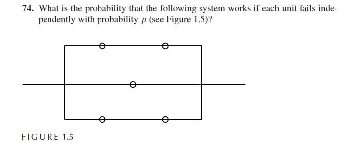 74. What is the probability that the following system works if each unit fails inde-
pendently with probability p (see Figure 1.5)?
FIGURE 1.5
