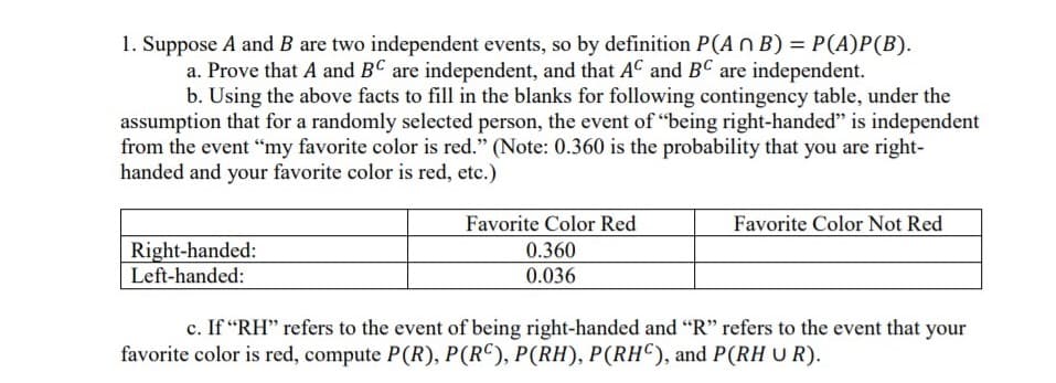 1. Suppose A and B are two independent events, so by definition P(A N B) = P(A)P(B).
a. Prove that A and BC are independent, and that AC and BC are independent.
b. Using the above facts to fill in the blanks for following contingency table, under the
assumption that for a randomly selected person, the event of "being right-handed" is independent
from the event “my favorite color is red." (Note: 0.360 is the probability that you are right-
handed and your favorite color is red, etc.)
Favorite Color Red
Favorite Color Not Red
Right-handed:
Left-handed:
0.360
0.036
c. If "RH" refers to the event of being right-handed and "R" refers to the event that your
favorite color is red, compute P(R), P(RC), P(RH), P(RHC), and P(RHUR).
