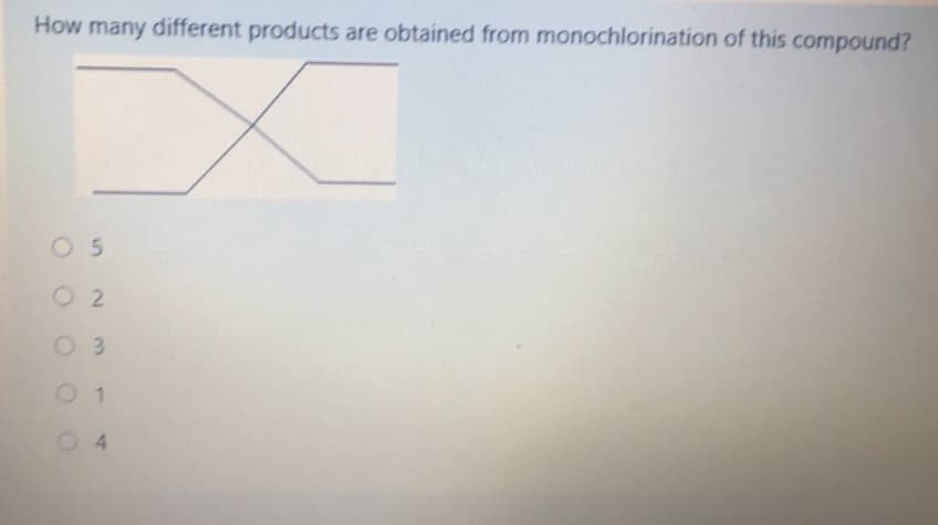 How many different products are obtained from monochlorination of this compound?
O 5
O 2
O 3
0 1
