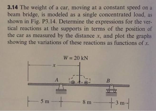3.14 The weight of a car, moving at a constant speed on a
beam bridge, is modeled as a single concentrated load, as
shown in Fig. P3.14. Determine the expressions for the ver-
tical reactions at the supports in terms of the position of
the car as measured by the distance x, and plot the graphs
showing the variations of these reactions as functions of.x.
W = 20 kN
%3D
8 m
