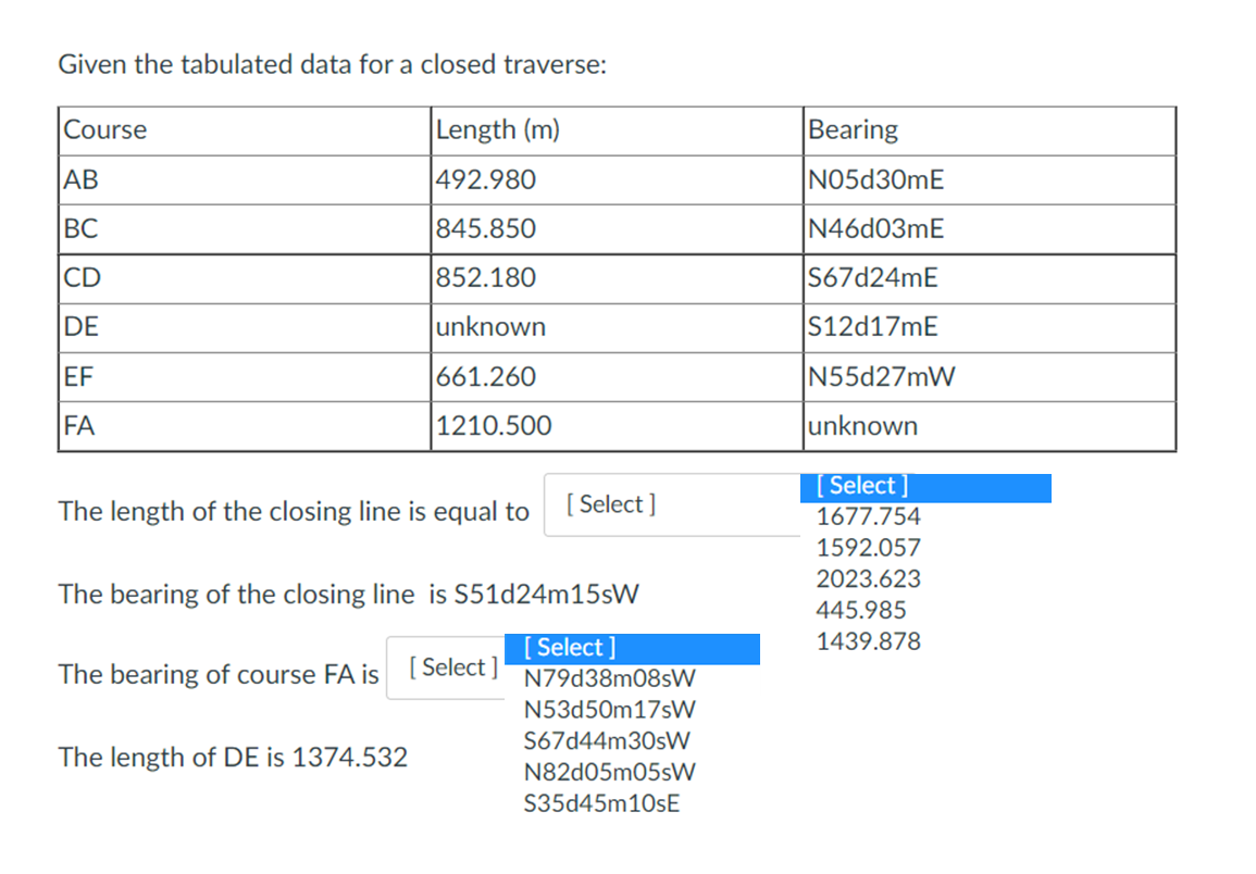 Given the tabulated data for a closed traverse:
Course
Length (m)
Bearing
AB
492.980
N05d30mE
ВС
845.850
N46d03mE
CD
852.180
S67d24mE
DE
unknown
S12d17mE
EF
661.260
N55d27mW
FA
1210.500
unknown
[ Select ]
Select]
1677.754
The length of the closing line is equal to
1592.057
2023.623
The bearing of the closing line is S51d24m15sW
445.985
[Select]
1439.878
The bearing of course FA is
[ Select ]
N79d38m08sW
N53d50m17sW
S67d44m30sW
The length of DE is 1374.532
N82d05m05sW
S35d45m10sE
