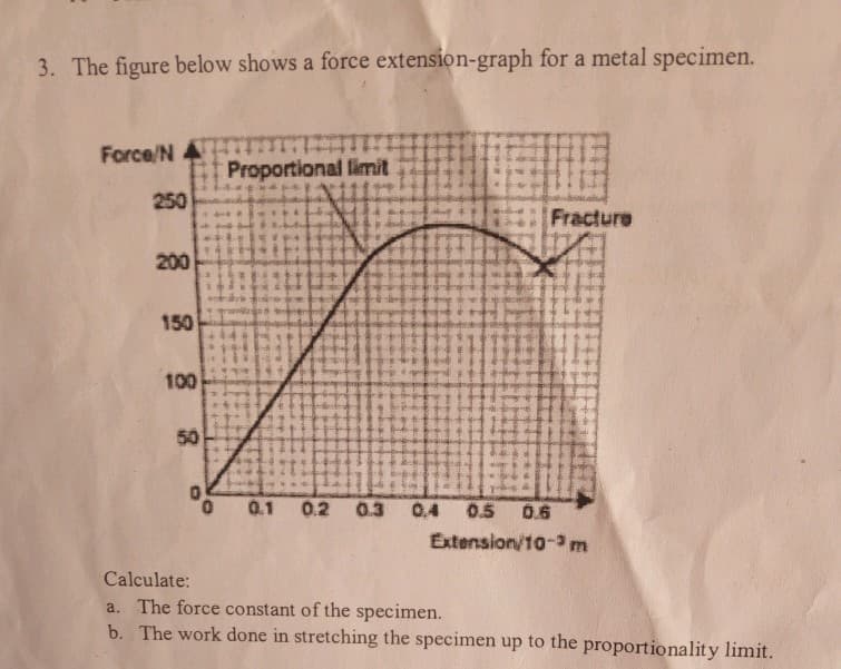 3. The figure below shows a force extension-graph for a metal specimen.
Force/N 4 m
Proportional limit
250
Fracture
200
150
100
50
0.1 0.2 0.3
0,4 0.5
0.6
Extension/10-3m
Calculate:
a. The force constant of the specimen.
b. The work done in stretching the specimen up to the proportionality limit.
