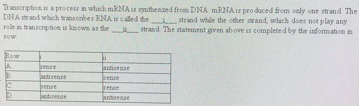 Transcription is a process in which MRNA is synthesized from DNA mRNAis pro duced from only one strand The
strand while the other strand, which does not play any
strand The statement given ab ove is complete d by the information in
DNA strand which trans cribes RNA is called the
role in transcription is known as the
11
row.
Row
11
A.
sense
antisense
B
antisense
s ense
sense
sense
antisense
antisense
