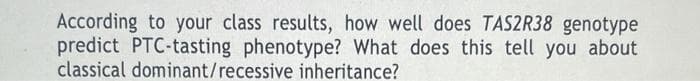 According to your class results, how well does TAS2R38 genotype
predict PTC-tasting phenotype? What does this tell you about
classical dominant/recessive inheritance?